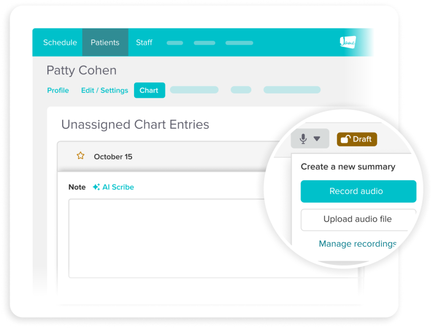 Medical charting interface showing patient Patty Cohen's unassigned chart entries with options to record audio, upload files, or manage recordings for creating visit summaries