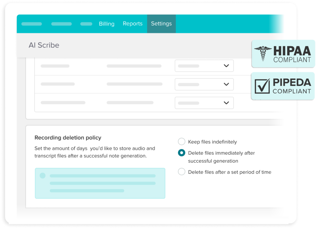 Settings interface for AI Scribe showing recording deletion policy options with HIPAA and PIPEDA compliance badges