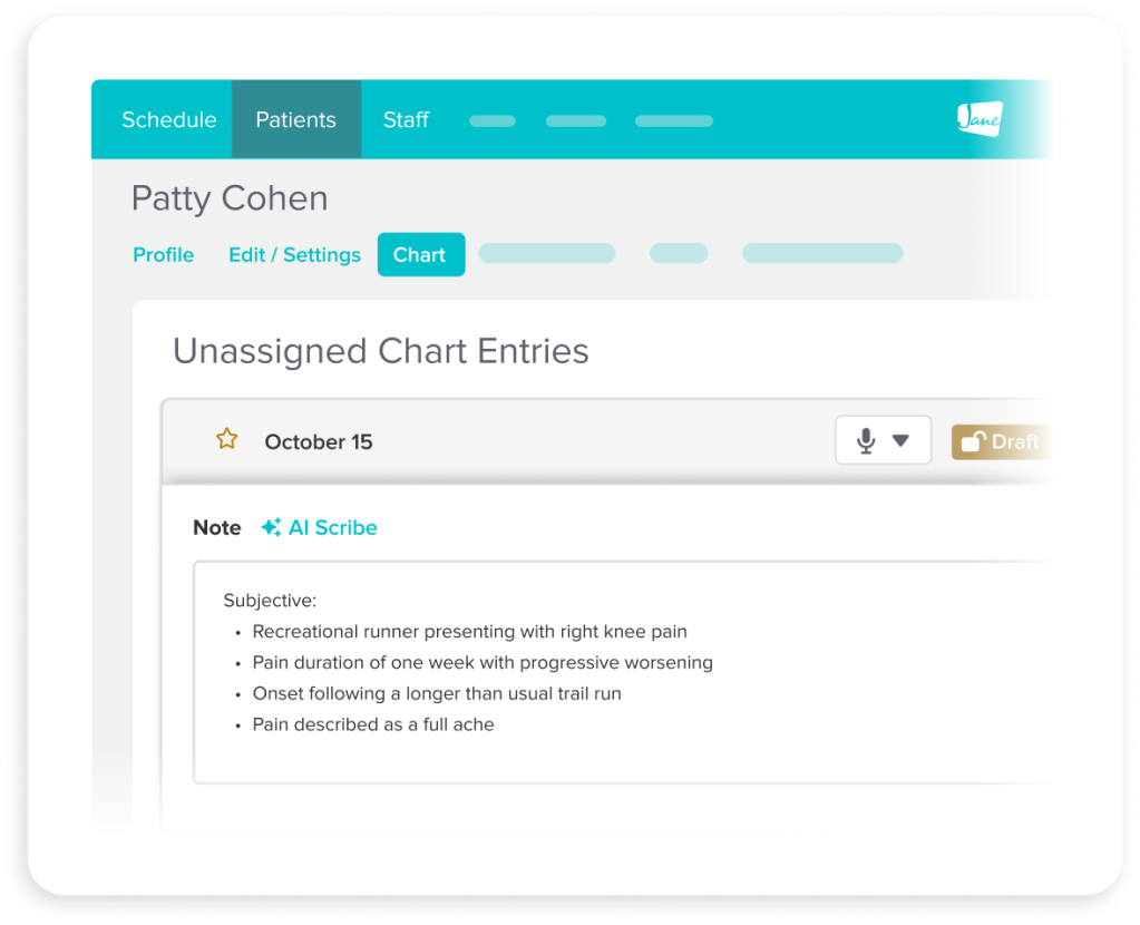 Medical chart interface showing patient Patty Cohen's unassigned chart entry for October 15 with subjective notes about recreational runner's right knee pain