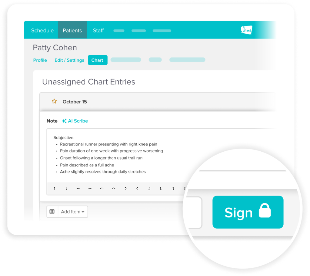 Medical chart interface showing patient Patty Cohen's unassigned chart entries with a note dated October 15 about recreational runner with right knee pain, and a Sign button with lock icon in the lower right