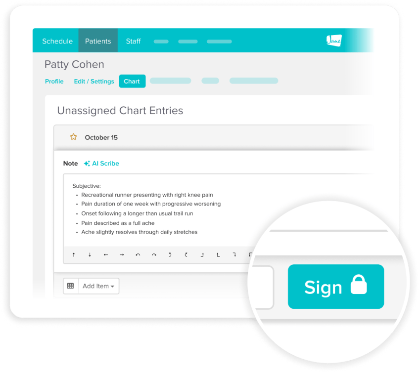 Medical chart interface showing patient Patty Cohen's unassigned chart entries with a note dated October 15 about recreational runner with right knee pain, and a Sign button with lock icon in the lower right