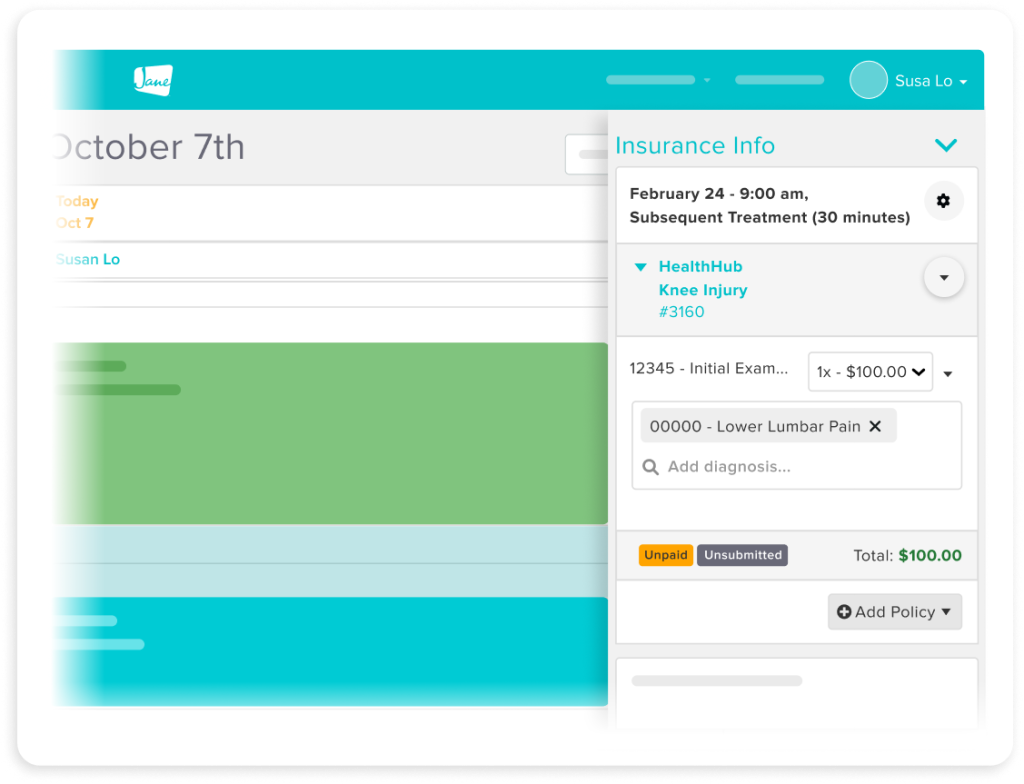 Healthcare management software interface showing patient appointment and insurance billing details