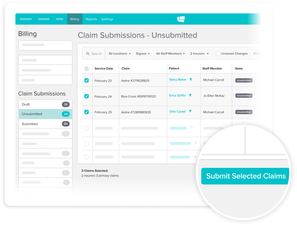 Billing interface showing claim submissions with three unsubmitted claims selected for Stacy Baker, Erica Griffin, and Ollie Cavell, with a Submit Selected Claims button highlighted