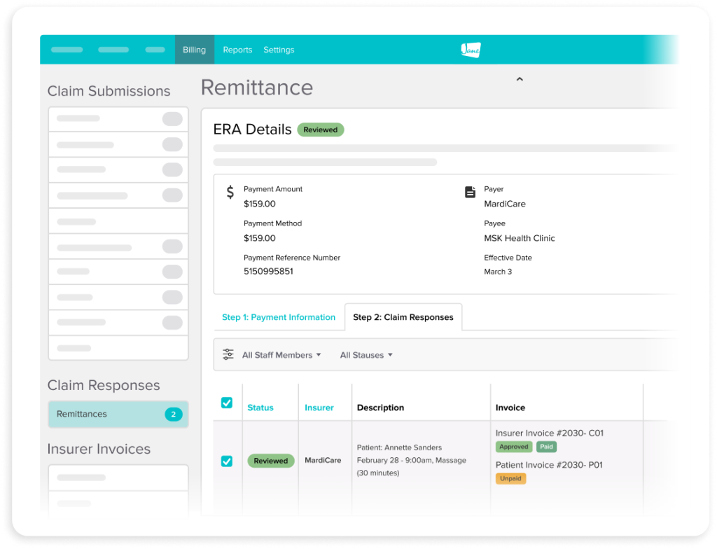 Healthcare billing software interface showing ERA details for a $159 MardiCare payment to MSK Health Clinic with claim responses table