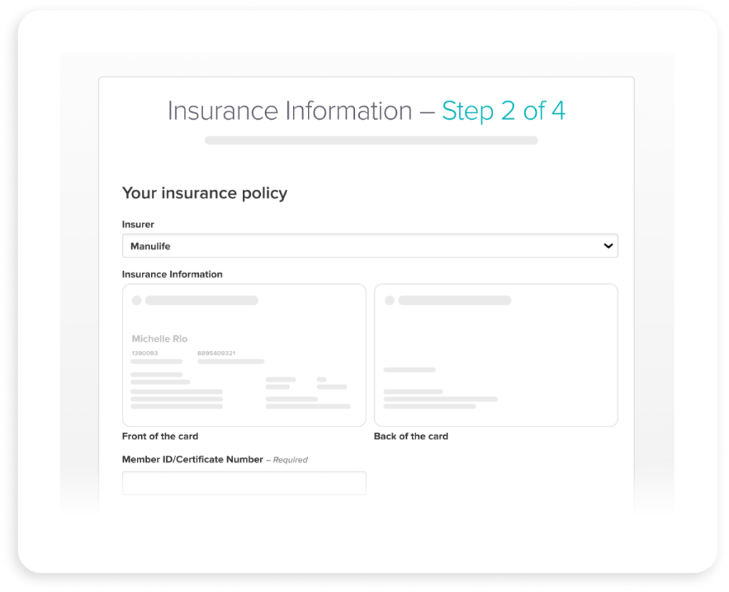 Insurance information form, step 2 of 4, showing fields for insurer selection, insurance card upload areas for front and back, and member ID entry