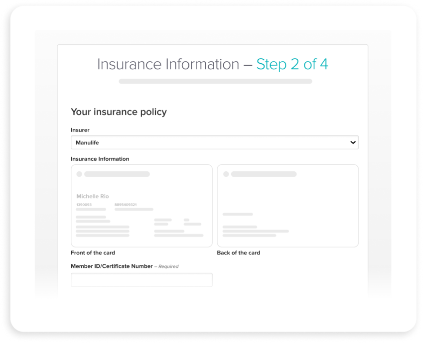 Insurance information form, step 2 of 4, showing fields for insurer selection, insurance card upload areas for front and back, and member ID entry