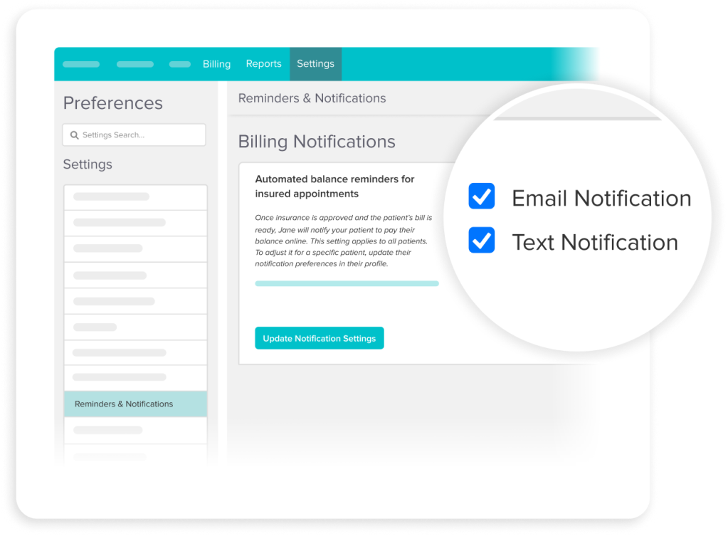 Billing notifications settings interface showing automated balance reminders for insured appointments with checkboxes for Email Notification and Text Notification both selected