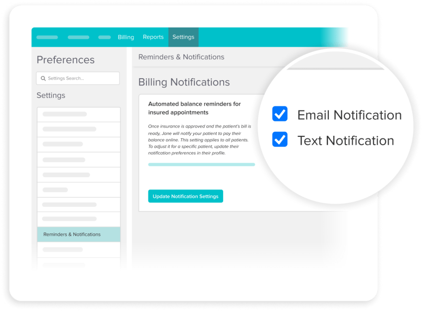 Billing notifications settings interface showing automated balance reminders for insured appointments with checkboxes for Email Notification and Text Notification both selected