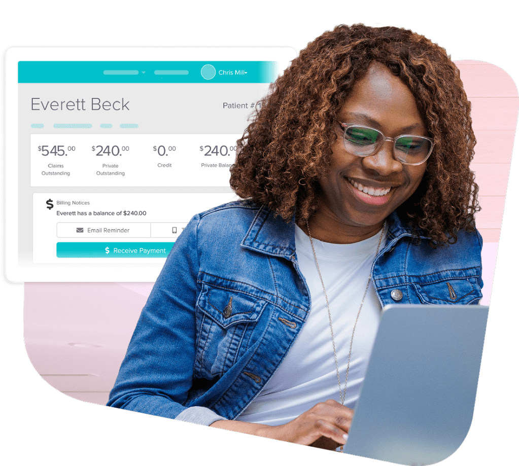 Healthcare professional using laptop with patient billing interface showing payment balances and collection options