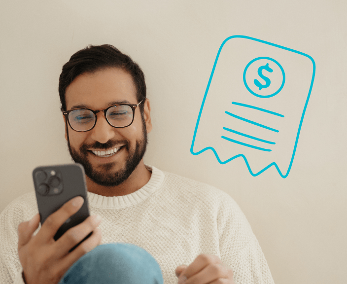 Man smiling while looking at smartphone with illustrated receipt showing dollar sign floating nearby