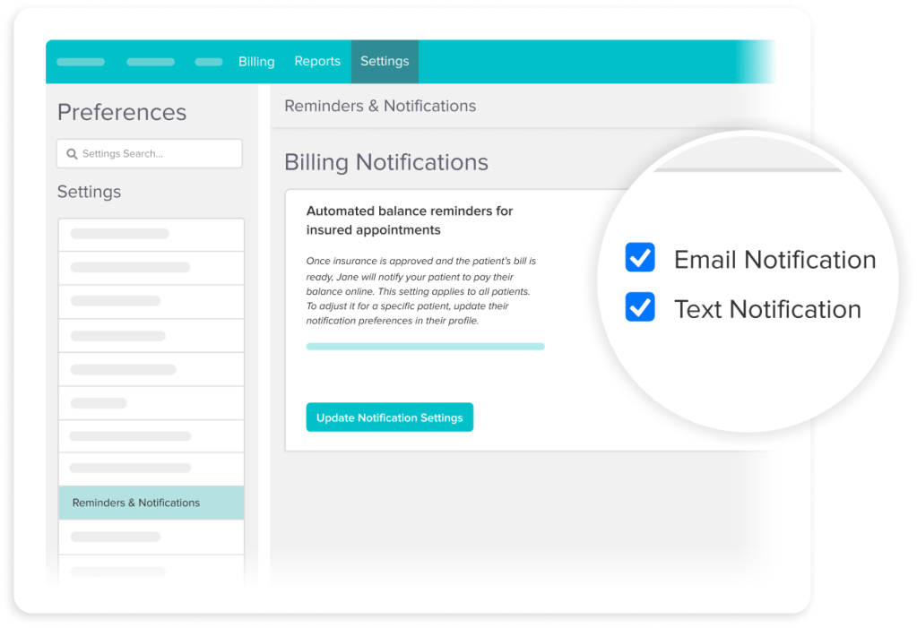 Settings interface showing billing notification preferences with email and text notification options enabled