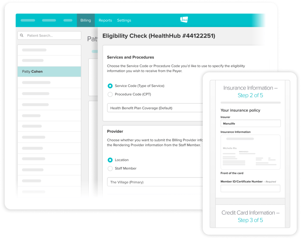 Healthcare eligibility check form showing service code selection, provider location options, and insurance information entry fields