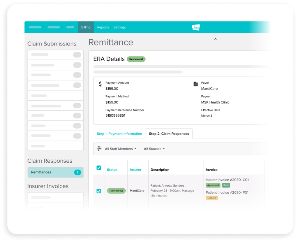 Healthcare billing dashboard showing ERA details for a $159 MardiCare payment to MSK Health Clinic, with claim responses and invoice tracking sections