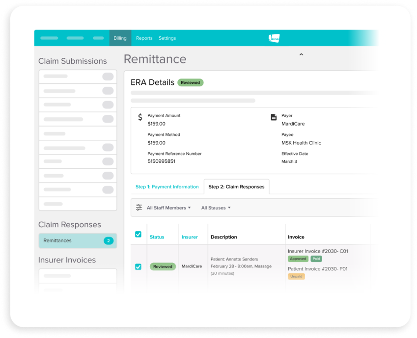 Healthcare billing dashboard showing ERA details for a $159 MardiCare payment to MSK Health Clinic, with claim responses and invoice tracking sections