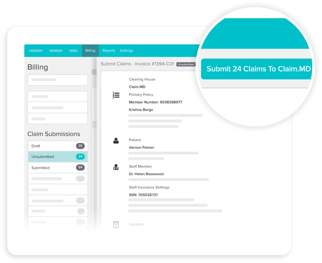 Medical billing software interface showing claim submission dashboard with 24 unsubmitted claims highlighted and patient information for Vernon Palmer