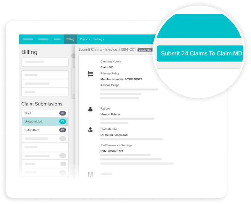 Medical billing software interface showing claim submission dashboard with 24 unsubmitted claims highlighted and patient information for Vernon Palmer