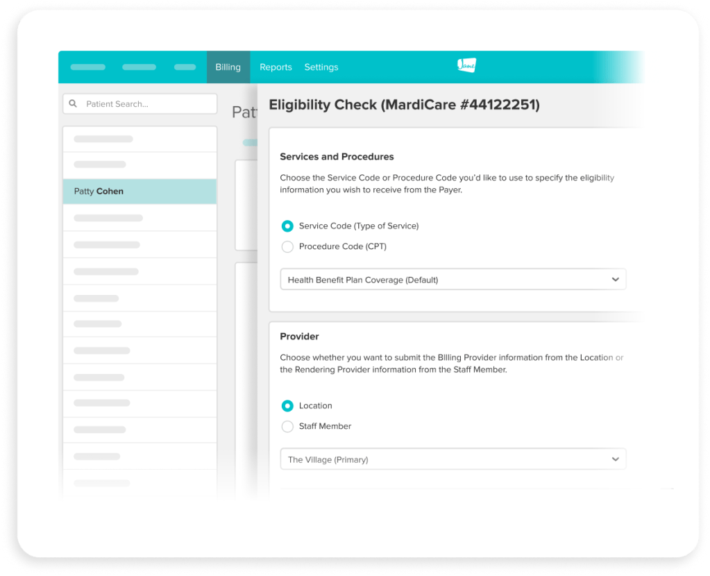 Healthcare software interface showing eligibility check form for patient Patty Cohen with service code and provider selection options