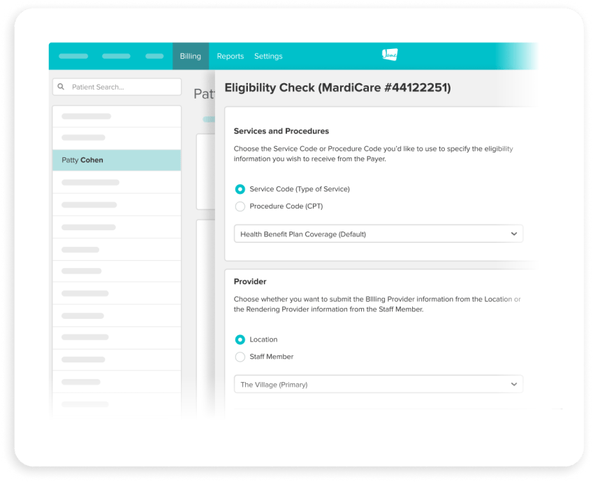 Healthcare software interface showing eligibility check form for patient Patty Cohen with service code and provider selection options