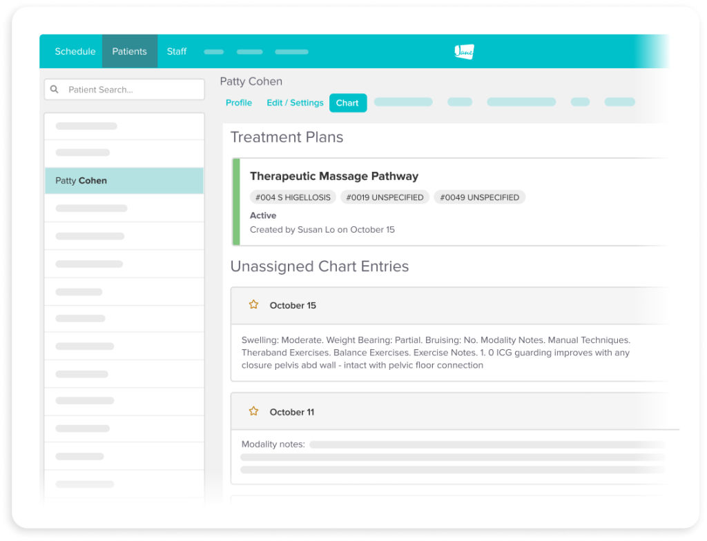 Healthcare management software interface showing patient Patty Cohen's treatment plans and chart entries