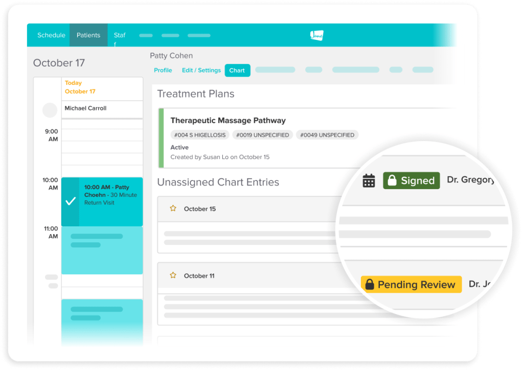 Healthcare management dashboard showing October 17 schedule with patient appointments, treatment plans, and chart entry status for medical staff