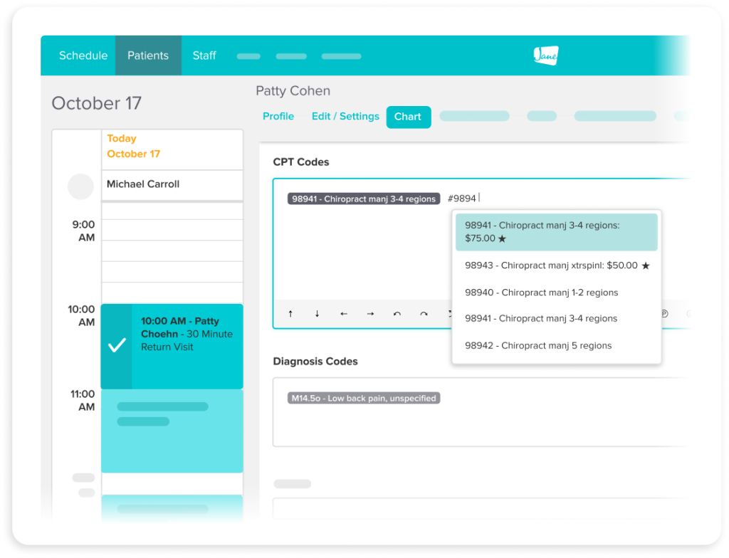 Medical scheduling interface showing October 17 appointments and patient chart with CPT and diagnosis codes