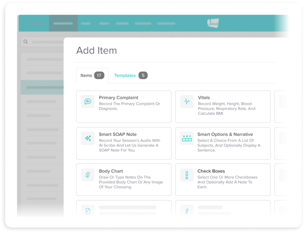 Add Item dialog showing template options including Primary Complaint, Vitals, Smart SOAP Note, Smart Options & Narrative, Body Chart, and Check Boxes