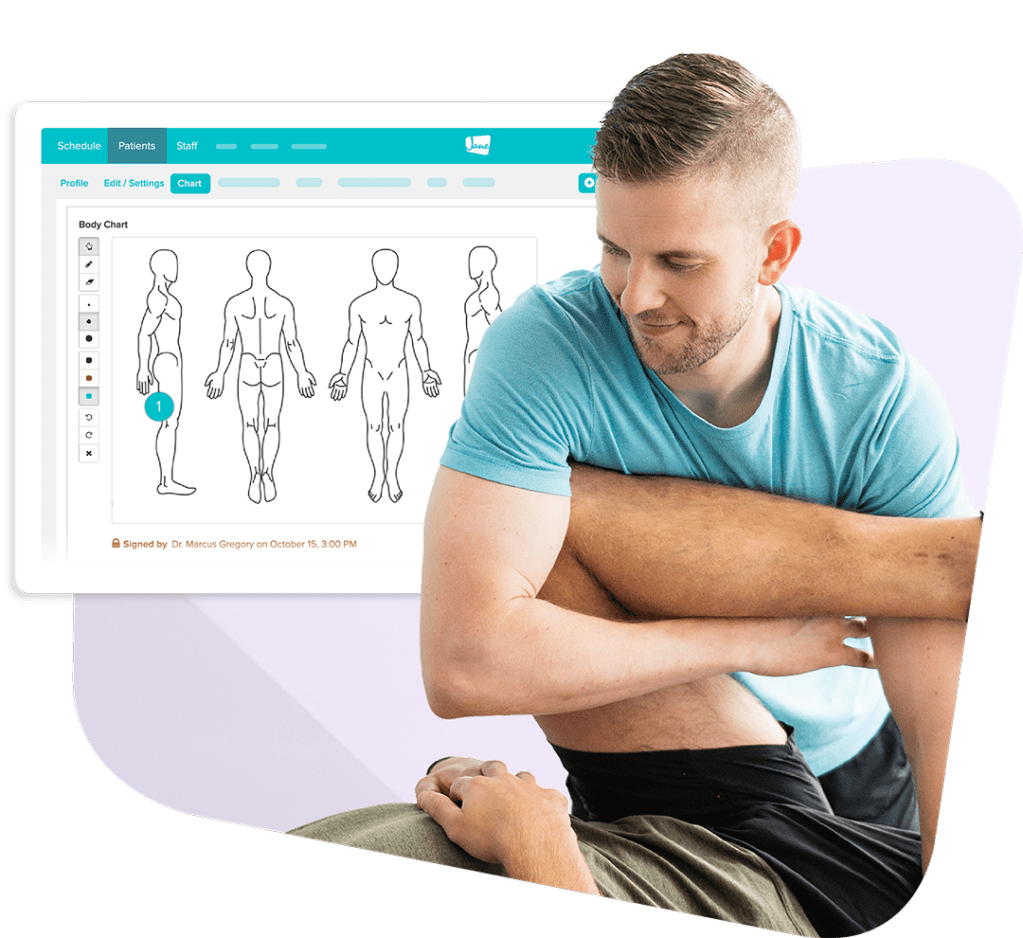 Practitioner performing manual therapy while referencing a Jane a SOAP note charting interface