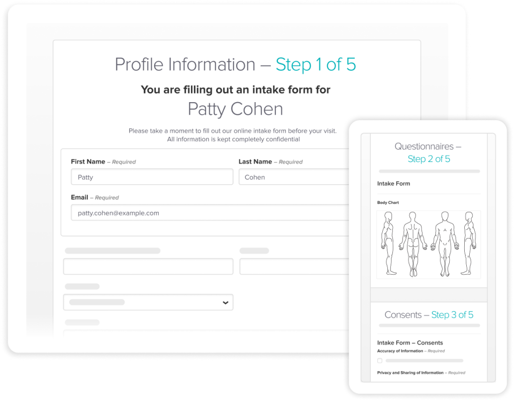 Four human body outline diagrams showing front, back, and side views for medical assessment