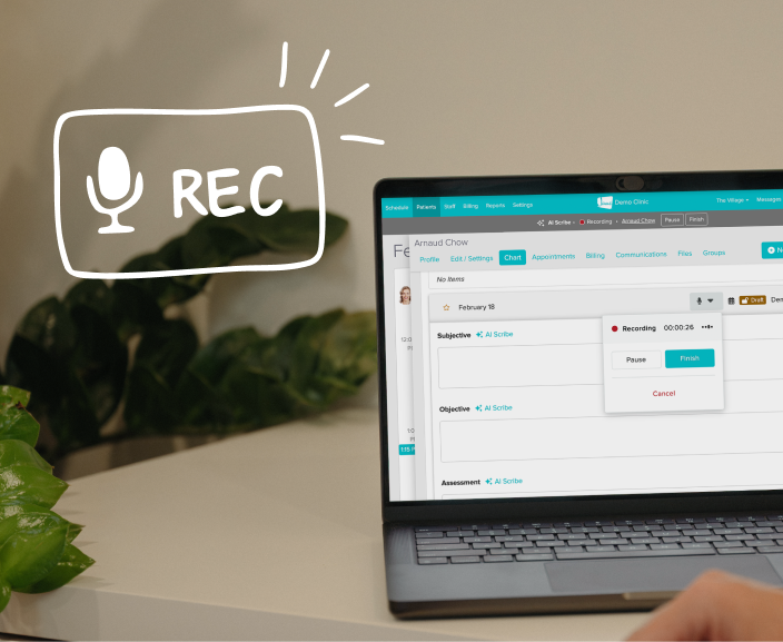 Laptop displaying video recording software interface with recording dialog box open, hand positioned on trackpad