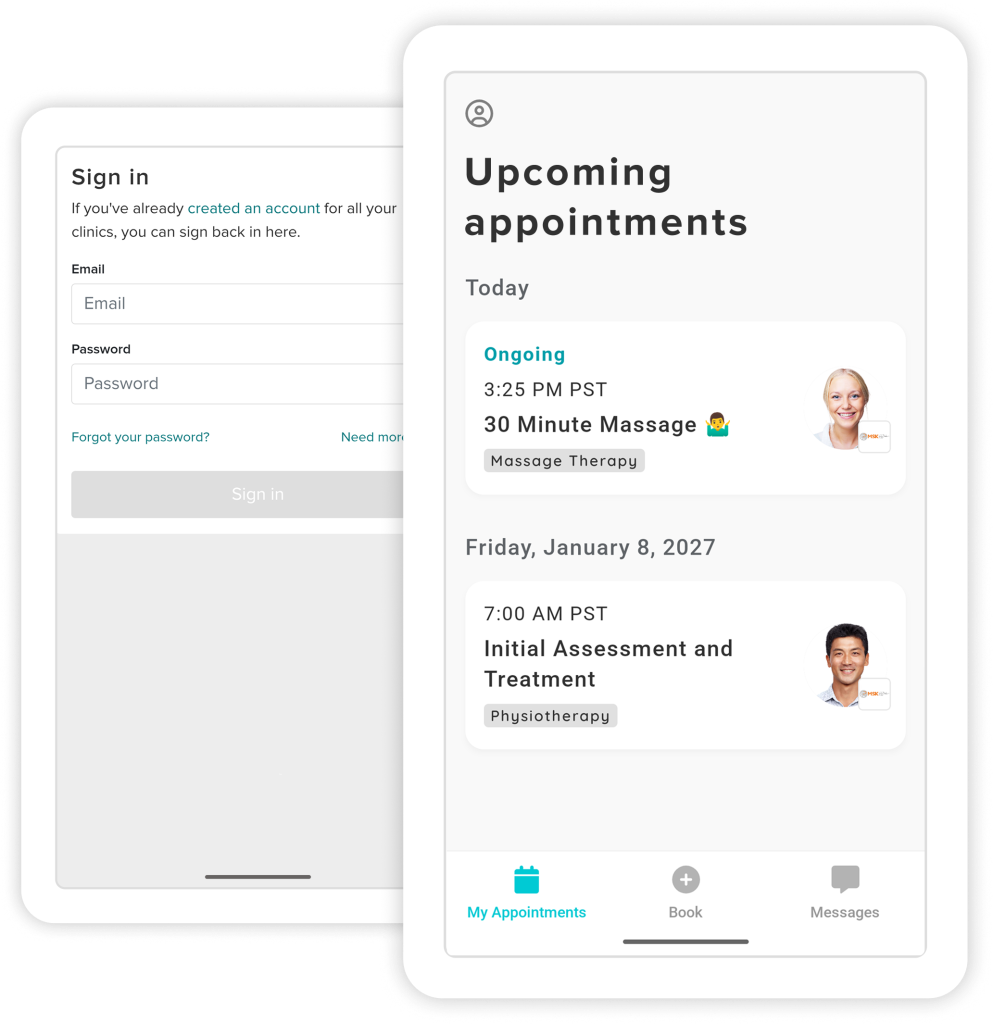 Healthcare appointment booking app interface showing sign-in form and upcoming appointments schedule