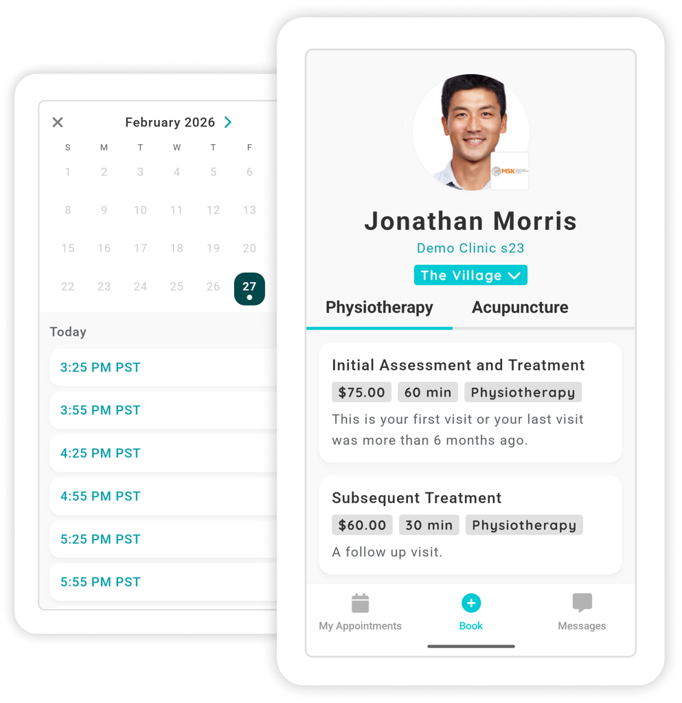 Healthcare provider booking interface showing Jonathan Morris's profile with calendar for February 2026, available appointment times, and physiotherapy service options
