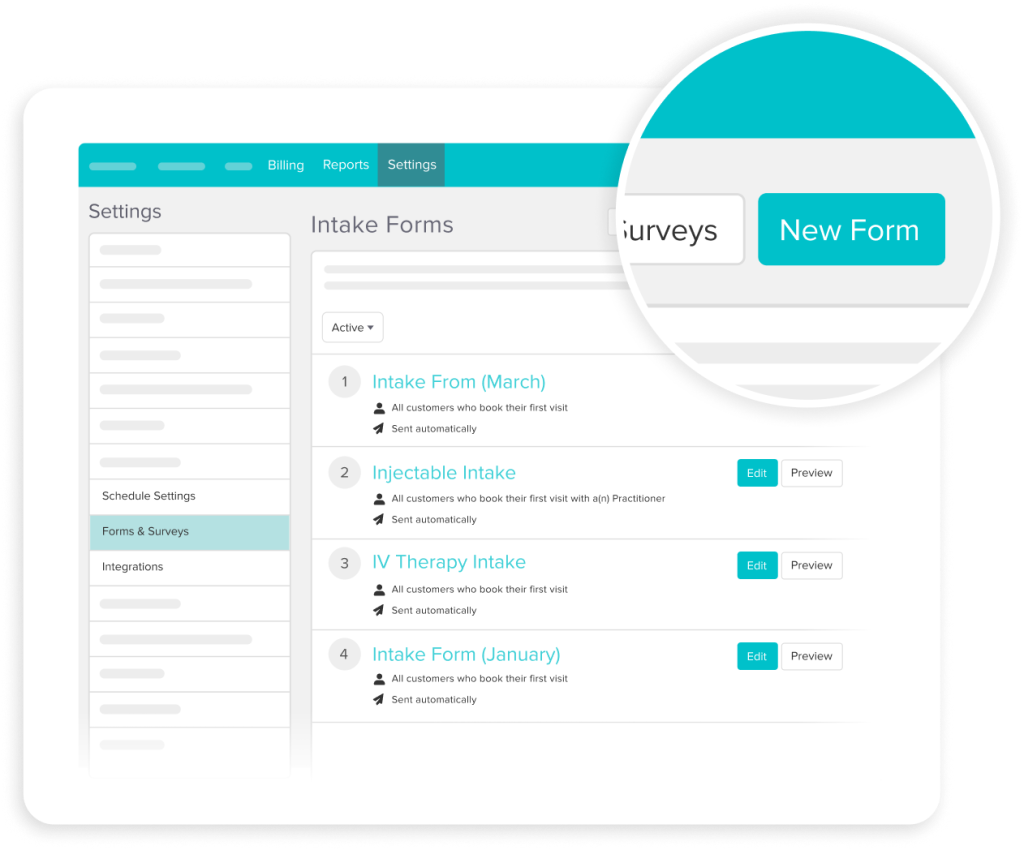 Settings interface showing intake forms list with New Form button highlighted in circular overlay
