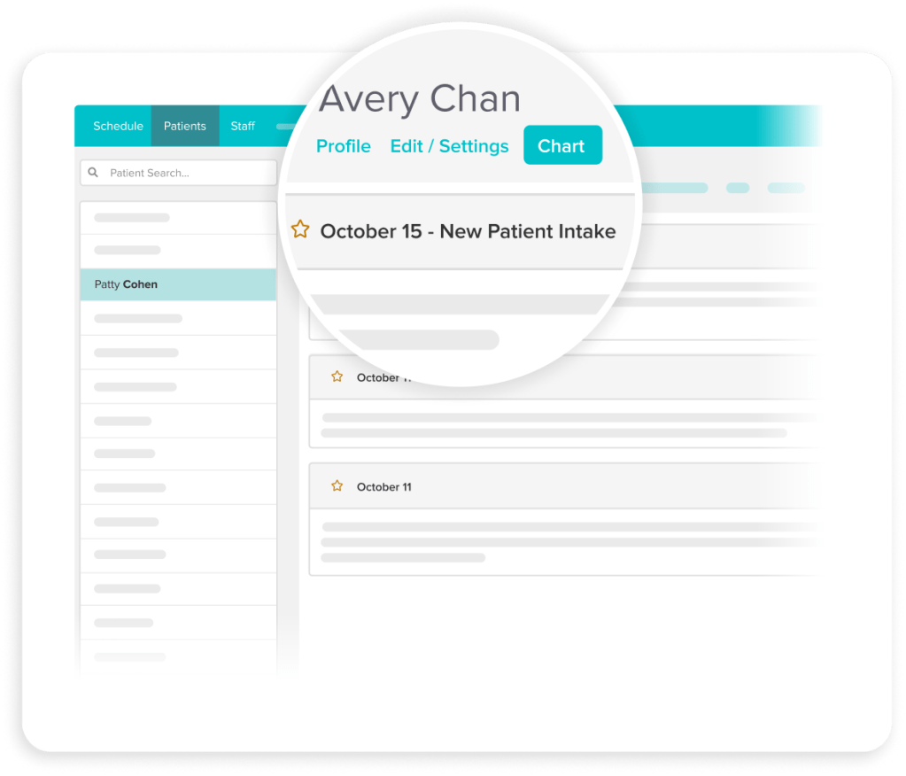 Medical scheduling interface showing Avery Chan's profile with highlighted October 15 New Patient Intake appointment