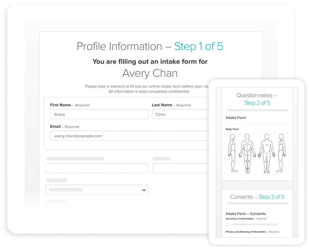 Screenshot of a multi-step intake form showing Profile Information as Step 1 of 5, with fields for name and email, and a preview of upcoming steps including questionnaires with body chart and consents