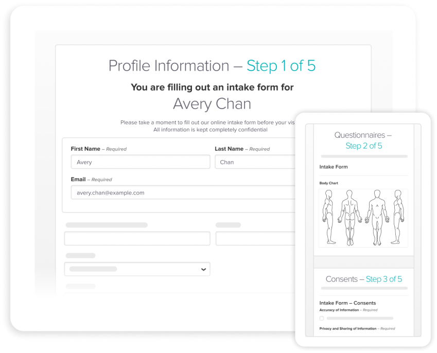 Screenshot of a multi-step intake form showing Profile Information as Step 1 of 5, with fields for name and email, and a preview of upcoming steps including questionnaires with body chart and consents