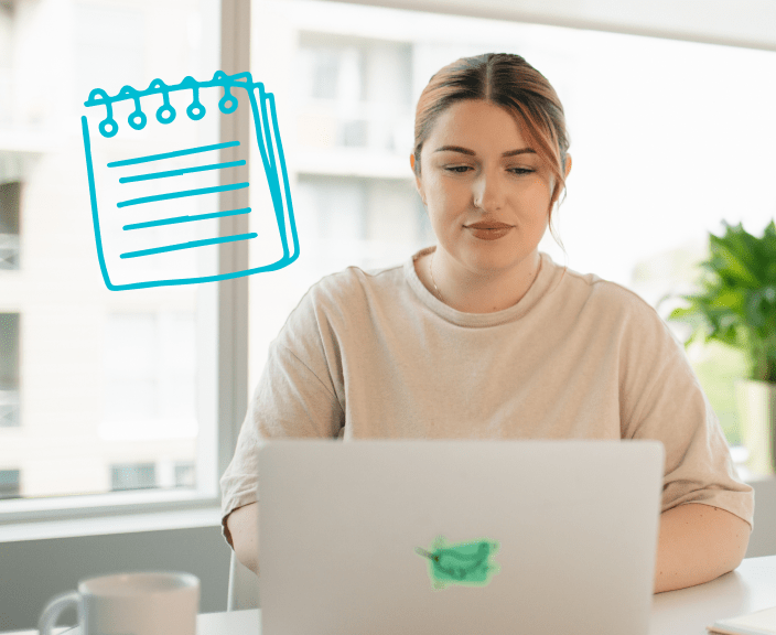 Woman working on laptop with illustrated notepad icon overlay
