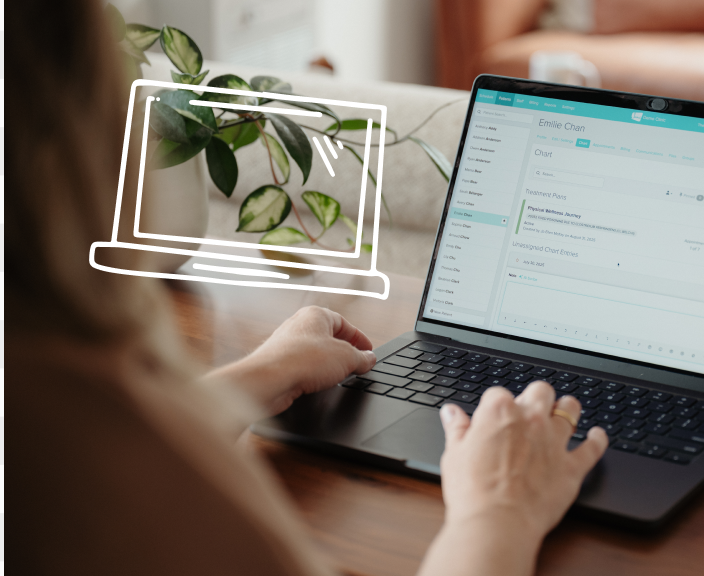 Person typing on laptop with outlined computer icon overlay and plant in background