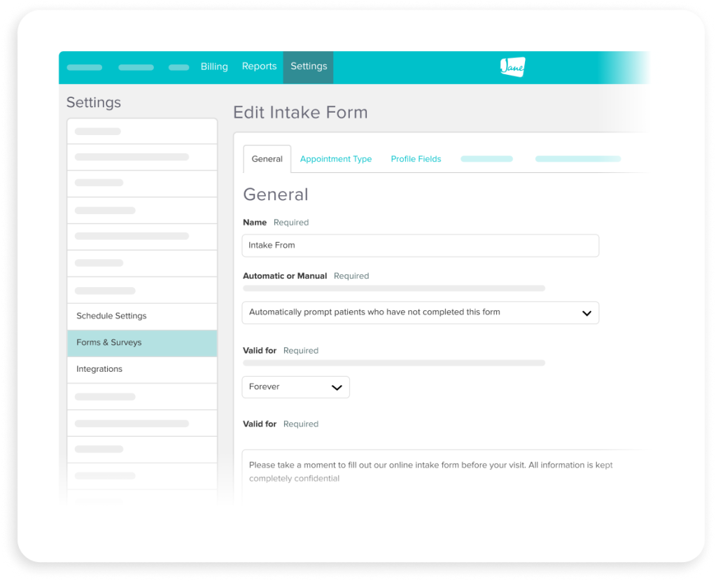 Settings interface for editing an intake form with fields for name, automatic or manual prompting, and validity duration