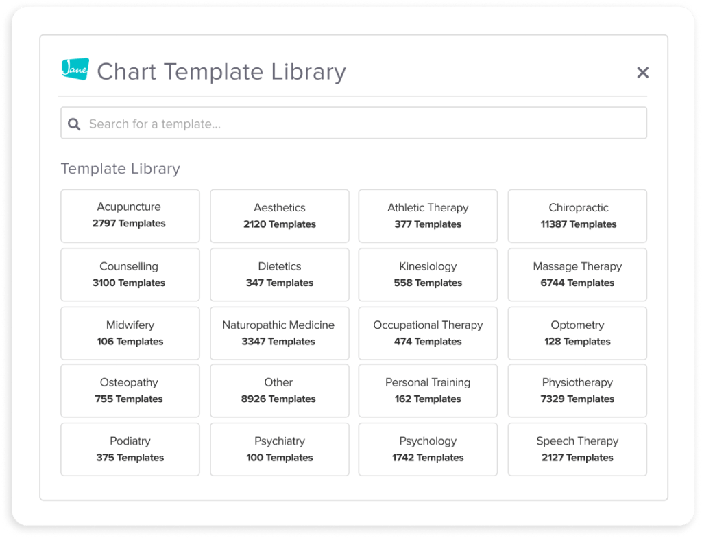 Chart Template Library interface showing healthcare specialties with template counts, including Acupuncture (2797), Aesthetics (2120), Athletic Therapy (377), and other medical fields
