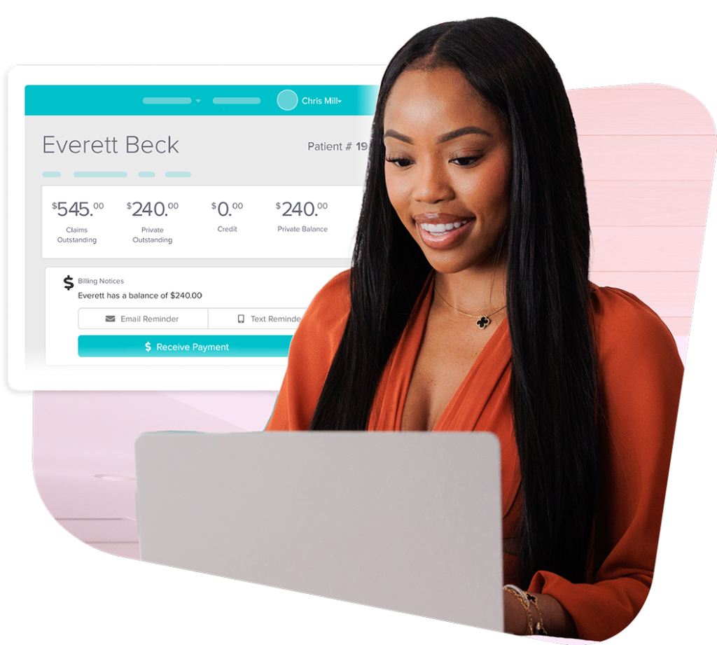 Woman in orange blazer using laptop with patient billing interface showing payment balances and options