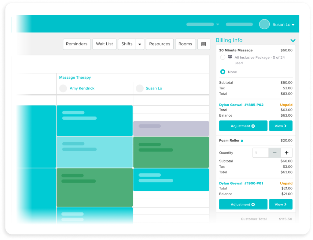 Business management software interface showing appointment scheduling with massage therapy services, staff assignments, and billing information for customer Dylan Grewal