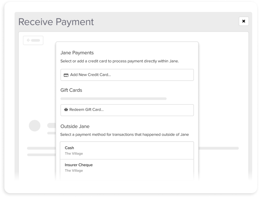 Payment method selection dialog with options for Jane Payments, Gift Cards, and Outside Jane payment methods including cash and insurer cheque