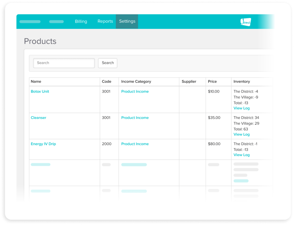 Products management interface showing a table with three items: Botox Unit ($10.00), Cleanser ($35.00), and Energy IV Drip ($80.00), with columns for code, income category, supplier, price, and inventory levels