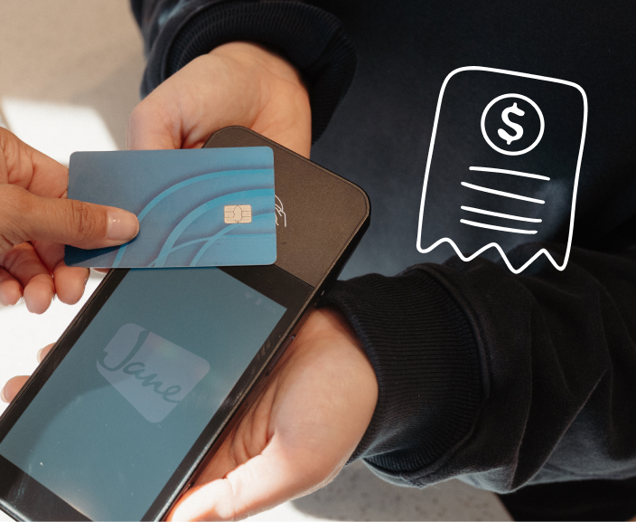 Person holding smartphone and credit card with digital receipt icon, illustrating contactless payment or mobile transaction