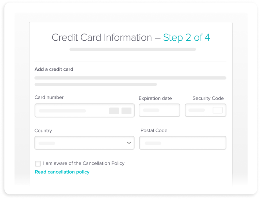Credit card information form, step 2 of 4, with fields for card number, expiration date, security code, country, postal code, and cancellation policy acknowledgment