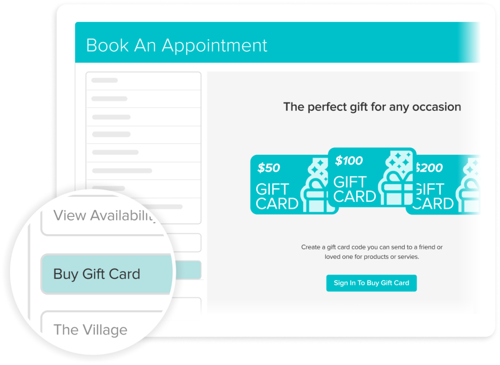 Website interface showing appointment booking, gift card purchase options, and gift card promotions with $50, $100, and $200 denominations