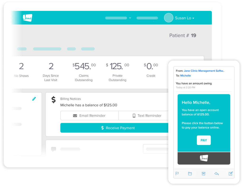 Jane Clinic Management Software patient billing interface showing Patient #19 with $545 claims outstanding, $125 private outstanding, and $0 credit, plus a payment reminder message for Michelle's $125 balance