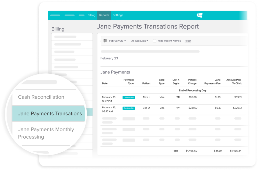 Screenshot of Jane Payments Transactions Report showing payment details for February 23, with a navigation menu highlighting the Jane Payments Transactions option