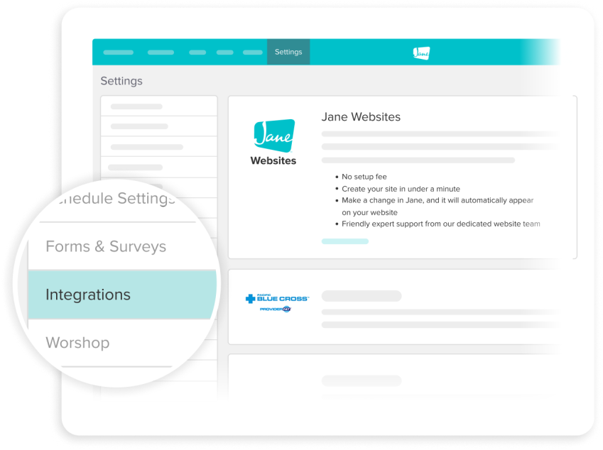 Settings page showing Jane Websites integration option with features like no setup fee, quick site creation, automatic updates, and dedicated support