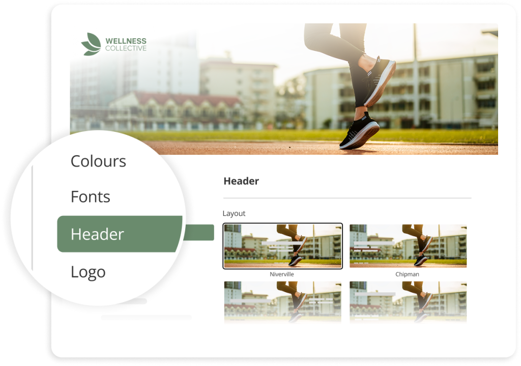 Website design interface showing header customization options with runner's legs in athletic shoes on urban track as background image
